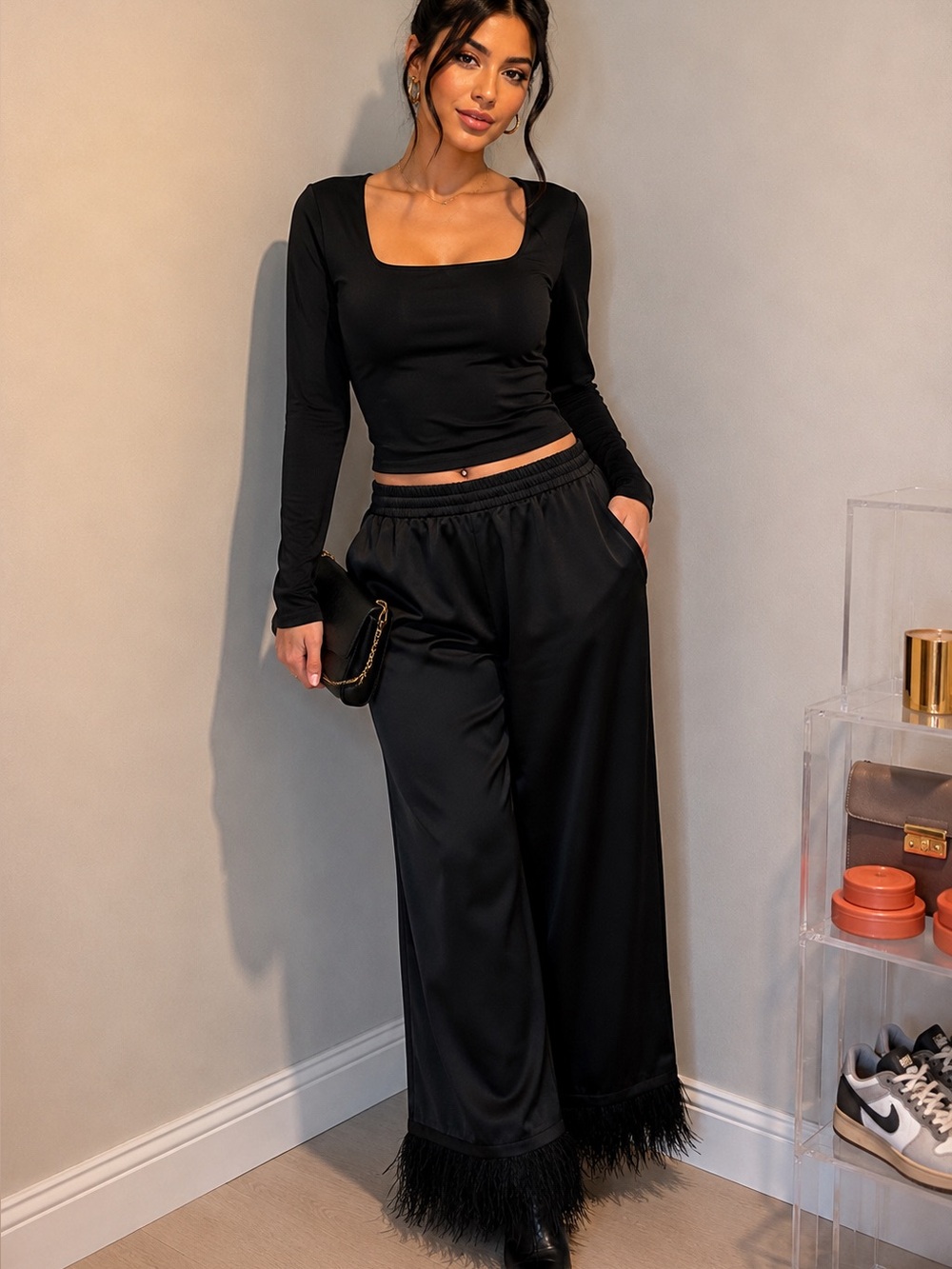 NWT MICHAEL Michael Kors Black Elastic Waist Wide Leg Pants